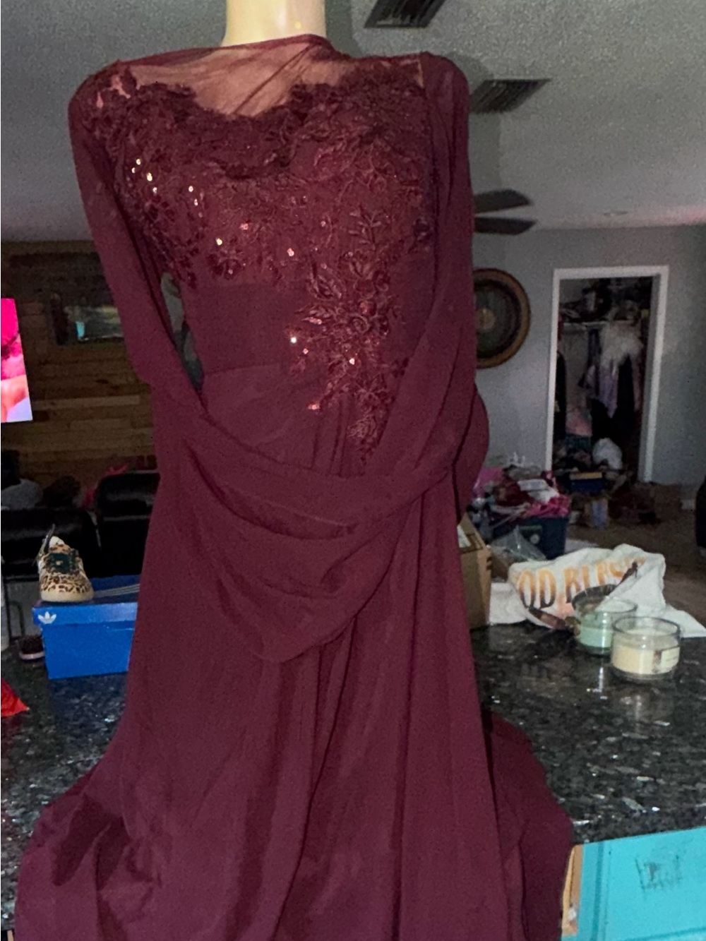 Elegant Burgundy Long Sleeve Lace & Sequin Evening Dress
